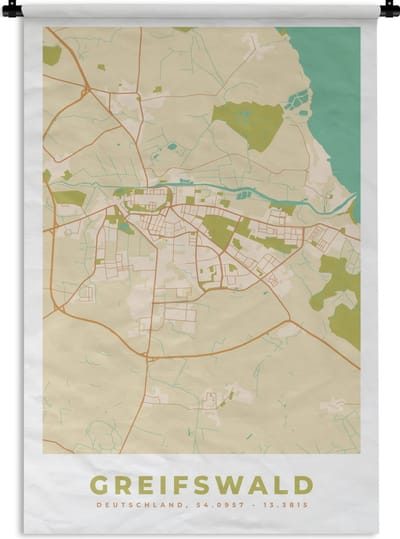 Wandkleed - Wanddoek - Greifswald - Vintage - Kaart - Stadskaart - Plattegrond - 120x180 cm - Wandtapijt