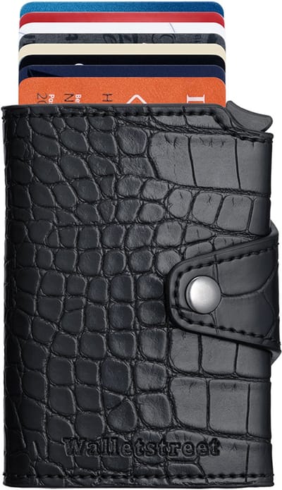Walletstreet™ Uitschuifbare Pasjeshouder – Leren Creditcardhouder / Portemonnee – RFID / Anti-Skim Bescherming – 12 Pasjes + Briefgeld – Heren & Dames – Luxe Lederen Card Protector