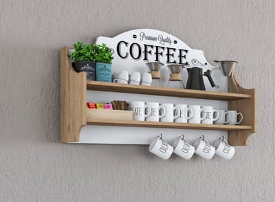 Multifunctionele Wandmeubel - Opbergrek - Wandrek - Koffiehok - Thee / Koffie Kopjes plank - rek - keuken of woonkamer - Met hangers - Organizer