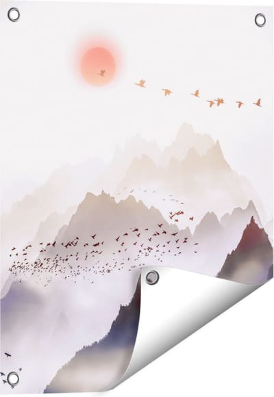 Gards Tuinposter Bergenlandschap met een Boom - Abstract - 40x50 cm - Tuindoek - Tuindecoratie - Wanddecoratie buiten - Tuinschilderij
