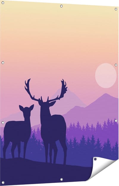 Gards Tuinposter Twee Herten - Zonsondergang - Silhouet - 90x120 cm - Tuindoek - Tuindecoratie - Wanddecoratie buiten - Tuinschilderij