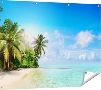 Gards Tuinposter Tropisch Strand bij de Licht Blauwe Zee - 120x90 cm - Tuindoek - Tuindecoratie - Wanddecoratie buiten - Tuinschilderij