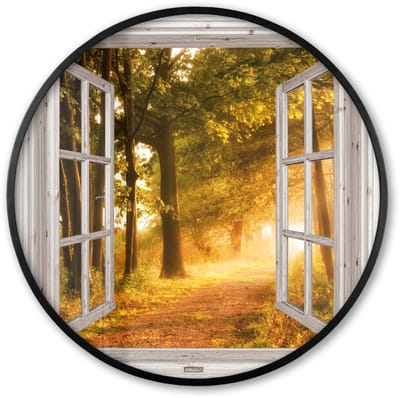 Poster in lijst Rond - Fotolijst 60x60 cm - Posters - Bos - Bomen - Zonlicht - Herfst - Bospad - Natuur - Doorkijk - Ronde posterlijst zwart - Decoratie - Wanddecoratie woonkamer - Muurdecoratie slaapkamer