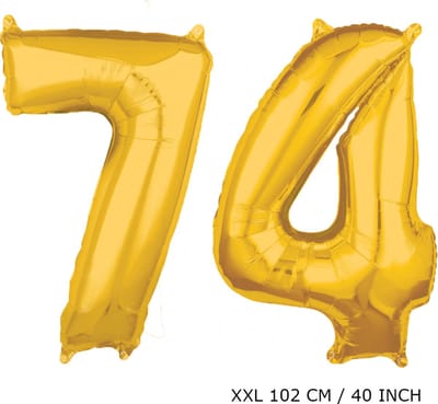 Mega grote XXL gouden folie ballon cijfer 74 jaar. Leeftijd verjaardag 74 jaar. 102 cm 40 inch. Met rietje om ballonnen mee op te blazen.