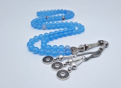 Handgemaakte tesbih "Tasbih" natuursteen " Blauwe Jade " - Aantal kralen 99 - Diameter kralen 8MM - met metaal tassel "Omarmen" - Een mooi cadeau-idee