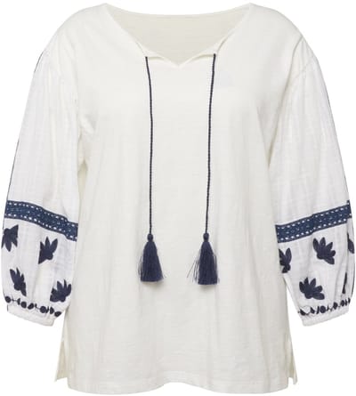 Ulla Popken - Dames - Blouse borduurwerk tuniekhals lange mouwen - Sneeuwwit - Maat 46+