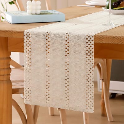 Tafelloper, beige, macramé, boho, katoenen vlas, 30 x 200 cm, gehaakte kant, mesh, landelijke stijl, wasbaar, loper, tafel, geweven, Boheemse decoratie voor keuken, bruiloft, tafeldecoratie