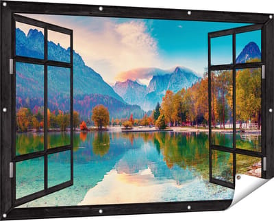 Gards Tuinposter Doorkijk Meer - 150x100 cm - Tuindoek - Tuindecoratie - Wanddecoratie buiten - Tuinschilderij