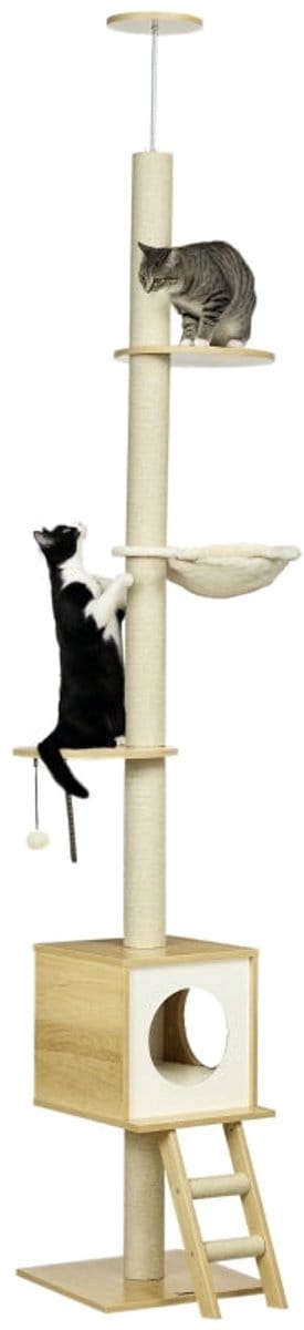 Merax Plafondhoge Krabpaal 240-260 cm - Kattenboom met Kattenhuis - 2 Platforms - Hangmat - Sisal Krabstam - Antikantel Bevestiging - Lichtbruin-Beige - 40 x 40 cm