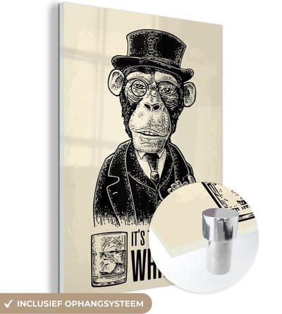 MuchoWow® Glasschilderij 30x40 cm - Schilderij acrylglas - Mancave - Vintage - Whiskey - Aap - Foto op glas - Schilderijen