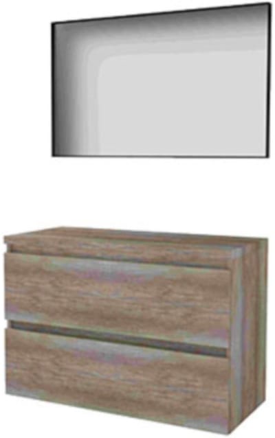 Basic-Line Framed 46 Badkamermeubelset - 100 x 46 cm - Greeploos - 2 Lades - Wastafelblad - Spiegel met Zwart Aluminium Frame - Scotch Oak