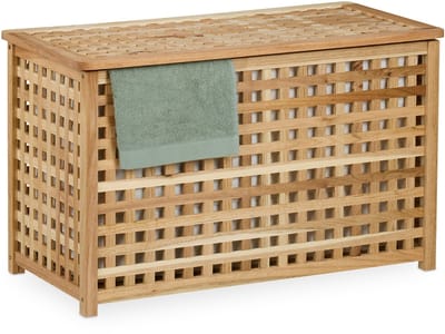 wasmand met deksel - 90 l - met waszak - walnotenhout - 47x78x48 cm
