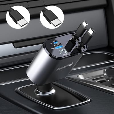 Retractable USB C Autolader met 60W, 2 Uittrekbare PD Kabels en Voltmeter LED voor iPhone, iPads, Samsung en Huawei in Caravan en Camper voor 12V 24V Gebruik