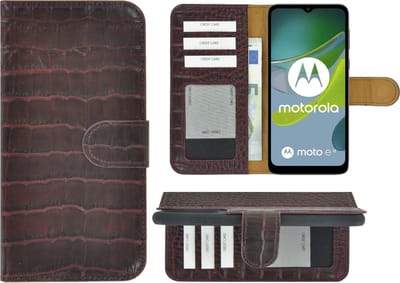 Geschikt voor Motorola Moto E13 Hoesje - Bookcase - Moto E13 Hoesje Book Case Wallet Echt Leer Croco Kastanjebruin Cover