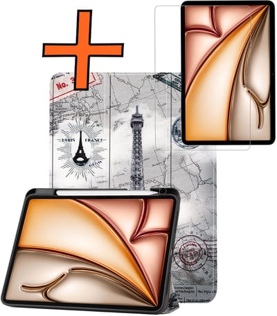 Hoesje - Geschikt voor Apple iPad Air M3/M4 (2025/2026) - 11 inch - Met Screenprotector - Trifold Bookcase - Hard Cover Case - Met Uitsparing Geschikt voor Apple Pencil - Hardcover Book - Tablet Hoes - Eiffeltoren