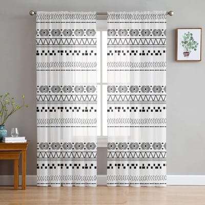Vintage Strepen Handgetekende Texturen Slaapkamer Transparante Dunne Gordijnen Vakantiedecoratie Raam Voile Tule Gordijn 135W x 114H(cm) white
