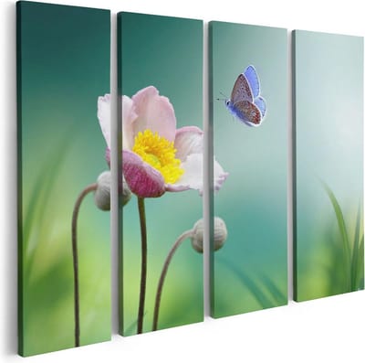 Artaza Canvas Schilderij Vierluik Roze Anemoon Bloem Met Een Blauwe Vlinder - 80x60 - Foto Op Canvas - Canvas Print