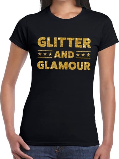 Glitter and Glamour tekst - glitter goud - t-shirt - zwart - dames - verkleedkleding - foute party - vip XS