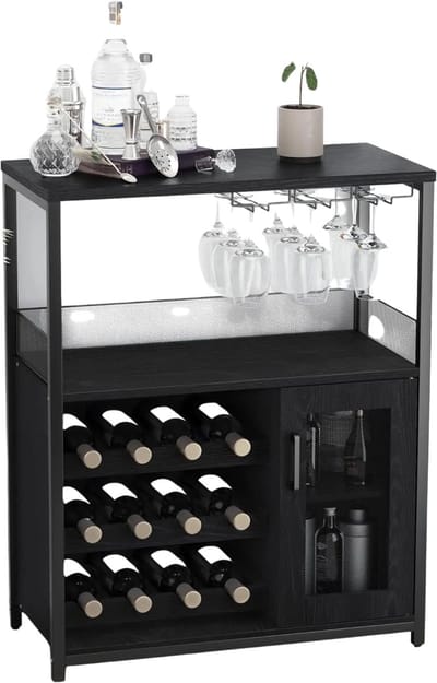 Industrieel Dressoir - Voor Woonkamer & Eetkamer - Buffetkast met Wijnrek - Metaal & Gaasdeur - keukenkast - Zwart