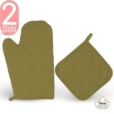Dream Ovenwant met Pannenlap - Set van 2 - Groen - Hittebestendig - Katoen - Thermolite tot 250°C | Pannenlappen - Ovenwanten - Ovenhandschoenen