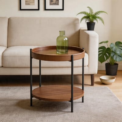KOMHTOM - Salontafel - 2-laags ontwerp - Rond - Massief hout en metaal - Kleuren: naturel essenhout/walnoot/zwart - Te combineren met bijzettafeltje (44x44x48 cm) - Eenvoudige montage