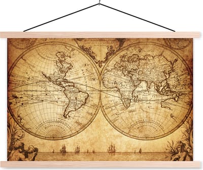 Wereldkaart Vintage schoolplaat platte latten blank 150x100 cm - Foto print op textielposter (wanddecoratie woonkamer/slaapkamer)