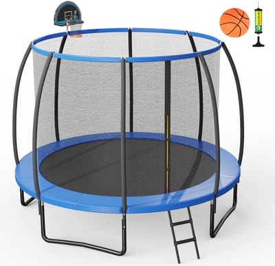 COSTWAY φ 244 / 305 cm trampoline outdoor, tuintrampoline met ladder, complete trampoline met basketbal, springmat, veiligheidsnet en randafdekking