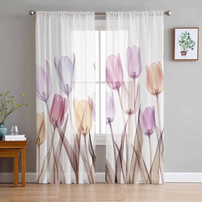 Tulp Bloem Transparante Gordijnen voor Woonkamer Decoratie Raamgordijnen voor Keuken Tule Voile Organza Gordijnen W135 x H115cm x1 white