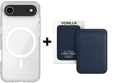 VOWLUX Compatible MagSafe Hoesje voor iPhone 17 Air Transparant – Inclusief Blauwe Wallet Pasjeshouder – 24 Magneten – Kunstleer – 3 Kaarten – Shockproof Case