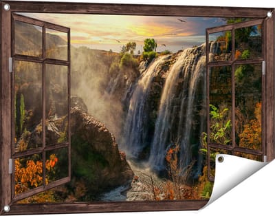 Gards Tuinposter Doorkijk Watervallen vanaf de Kliffen - 90x60 cm - Tuindoek - Tuindecoratie - Wanddecoratie buiten - Tuinschilderij