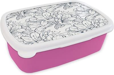 Broodtrommel Roze - Lunchbox - Brooddoos - Bloemen - Patroon - Lijn - 18x12x6 cm - Kinderen - Meisje