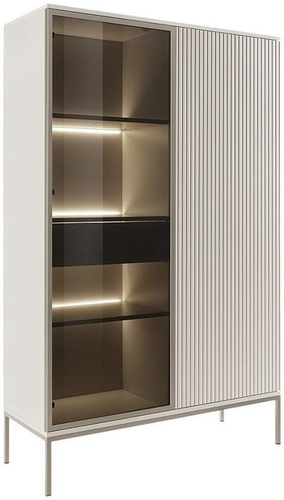 Vente-unique Vitrinekast met 2 deurtjes en 1 lade met ledverlichting van MDF en gerookt glas - Beige en zwart - OVILA