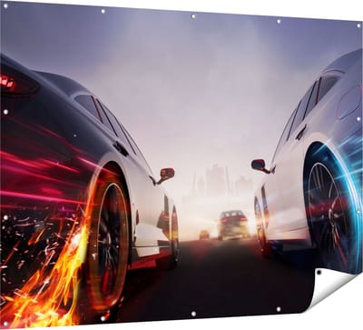 Gards Tuinposter Twee Raceauto's - Blauw Tegen Rood - 160x120 cm - Tuindoek - Tuindecoratie - Wanddecoratie buiten - Tuinschilderij