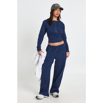 boohoo Dames Petite Katoenen Geknopt Shirt Met Ronde Hals & Broek Coordinatenset | Marineblauw | Maat: 36