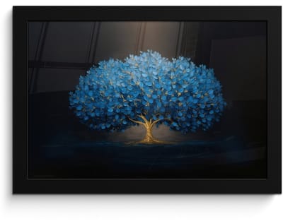 Poster in lijst - Fotolijst 30x20 cm - Posters - Boom - Blauw - Bladeren - Penseelstreken - Posterlijst zwart - Decoratie - Wanddecoratie woonkamer - Muurdecoratie slaapkamer