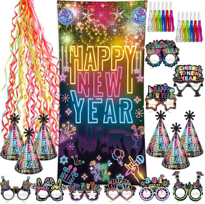 Dailygoods- Decoratieset Neon 2025 - Achtergrond Banner - Feesthoeden - Bril - Streamers - Kleurrijke Accessoires - Gelukkige Sfeer - Feestdecoratie