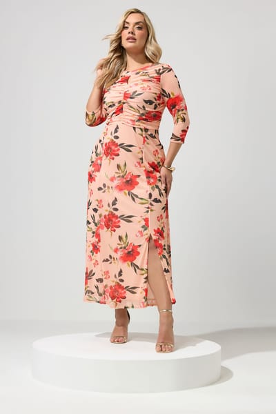 Yours London Oranje Maxijurk Met Bloemenprint En Sleutelgat Size 54-56
