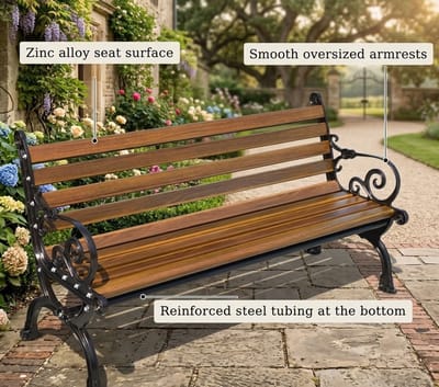 Luxe Klassieke Tuinbank 120 cm met Rugleuning en Armleuningen – Weerbestendige 2-Persoons Buitenbank van Polyhout en Gietijzer, Comfortabele Parkbank voor Tuin, Balkon en Terras – 120 cm – Casa Dorada