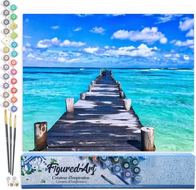 Figured'Art Schilderen op Nummer Volwassenen canvas Ponton in Paradise Beach - Handwerk acrylverf Kit DIY Compleet - 40x50cm zonder frame