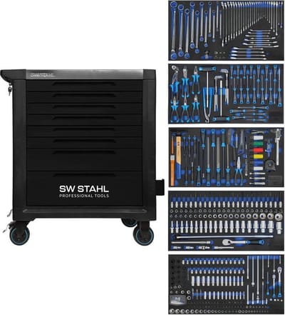 SW-Stahl Z3201 professionele werkplaatswagen TT802 zwart I 8 laden I 5 laden gevuld I 434 delig I werkplaatswagen voorzien van gereedschap I twin-lock I werkplaatswagen kit I volledig uitgerust