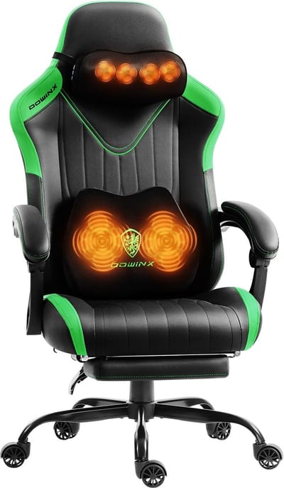 Dowinx Gaming Stoel - Gamestoel met Massage en Verwarming - Ergonomische Bureaustoel - Verstelbaar met Voetsteun - Pocketvering - Kunstleer - Zwart-groen