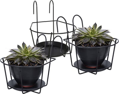 Gerimport Balkon bloempothouder - 3x - bloembak met ophanging - zwart metaal - 29 x 22 x 24 cm - rond - Balkonbakken