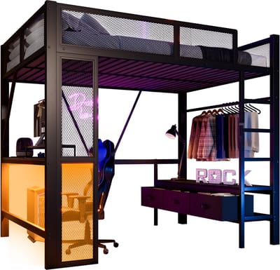 140 x 200 cm hoogslaper - met USB - LED-verlichting - bureau - open kledingkast en 3 kledingladen - zwart - zonder matras
