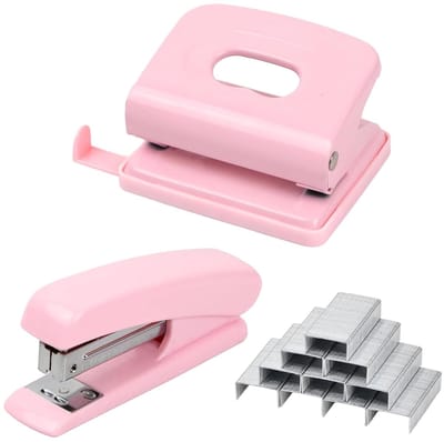 Kantoor Set - Nietmachine Perforator - Papier Verwerken - Inclusief 1000 nietjes - 19 x 13 cm - Roze