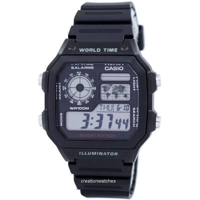 Casio Youth Illuminator Wereldtijd Alarm AE-1200WH-1AV AE1200WH-1AV Herenhorloge zwart