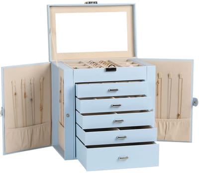 Dailygoody - Grote sieradenkist - Multifunctionele opbergdoos - Hemelsblauw - Accessoirehouder met spiegel - Geschikt voor dames - 6 Compartimenten