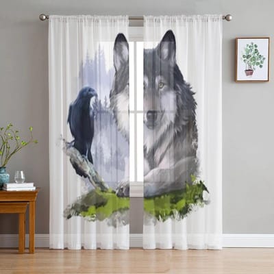 Wolf en Raven op de rotsen Pure gordijnen voor woonkamer slaapkamer moderne voile tule gordijnen stoffen gordijnen voor keuken 135W x 137H(cm) gray