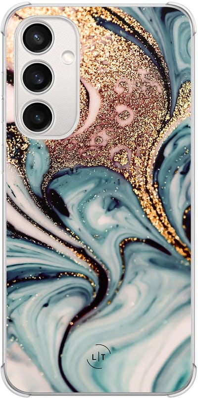 Shockproof hoesje - Geschikt voor Samsung Galaxy S23 FE - Marmer blauw goud - Extra sterke case - TPU/polycarbonaat - Marmer - Blauw, Goud, Transparant