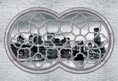 Fotobehang Brick Wall City Skyline | XL - 208cm x 146cm | 130g/m2 Vlies