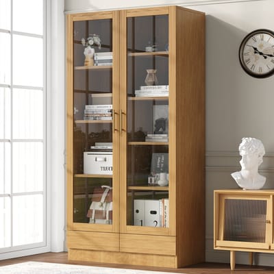 Sweiko Vitrinekast - Archiefkast - Glazen deuren - 2 lades - 80 × 40 × 160 cm - Natuurlijke